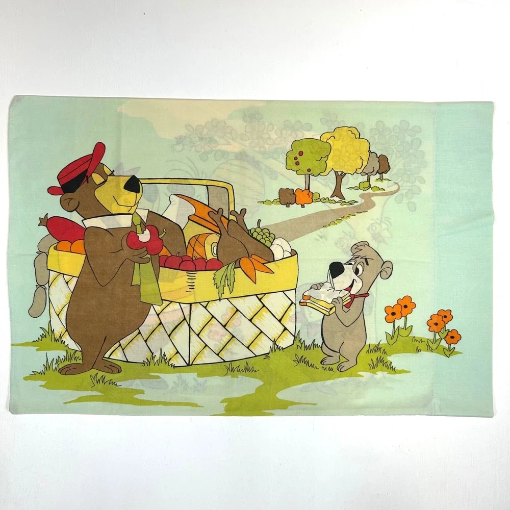 Vintage Yogi Bear Boo-Boo Pillowcase Hanna-Barbera Burlington House Mint Green